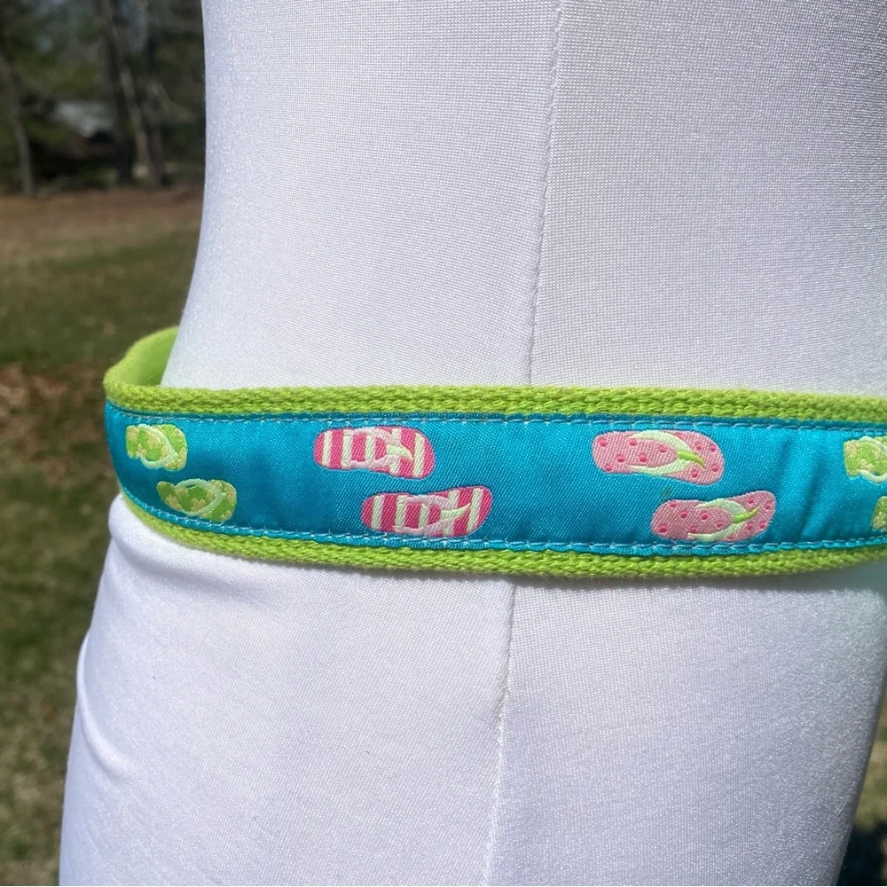 DOUGLAS PAQUETTE BELT GREEN CANVAS WEBBING BLUE FLIP FLOP RIBBON SIZE L USA